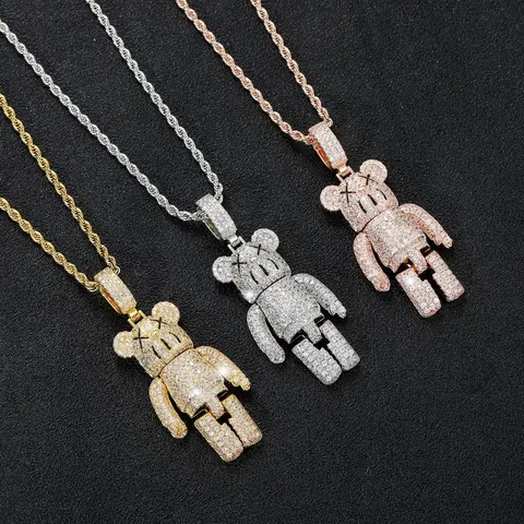 Iced Out Bear Pendant Necklaces in Gold, Silver, and Rose Gold
