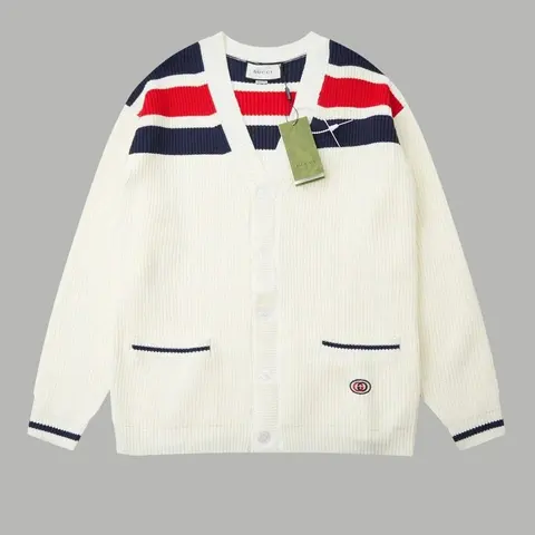 Gucci Cream Ribbed Cardigan with Red and Navy Stripes