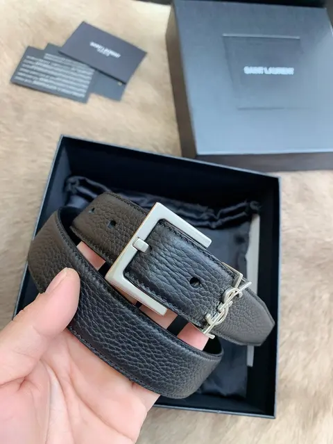 Saint Laurent Leather Belt with Silver Buckle