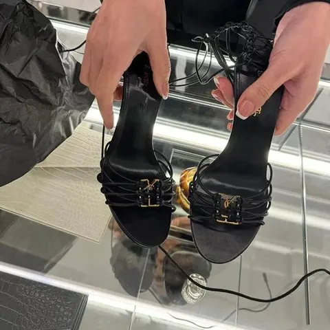 Black Strappy Heeled Sandals with Gold Buckle