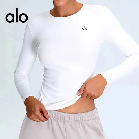 alo White Long Sleeve Ribbed Crop Top
