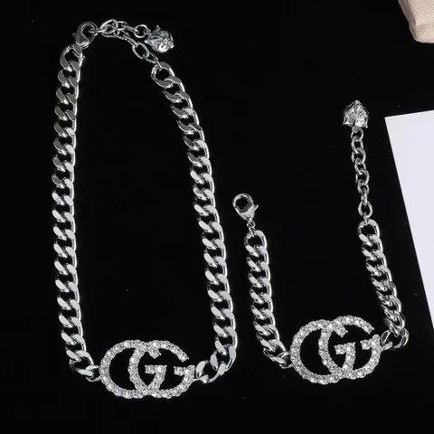 Gucci GG Crystal Chain Necklace and Bracelet Set
