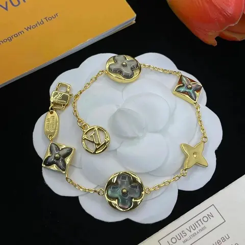 Louis Vuitton Monogram Bracelet with Gold Chain and Flower Charms