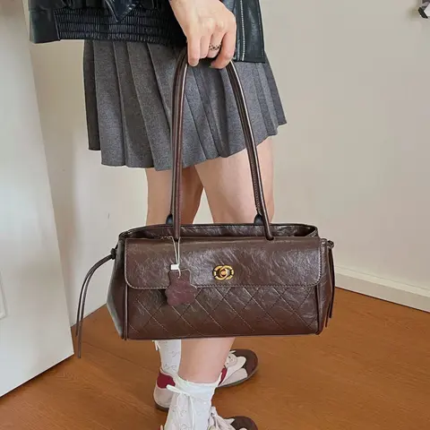 Brown Quilted Leather Tote Bag with Gold Hardware