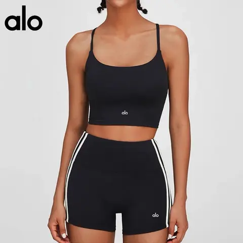 alo Yoga Black Crop Top and High-Waisted Shorts Set