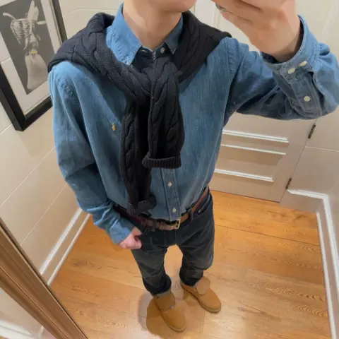 Blue Denim Shirt with Black Knit Scarf and Brown Boots