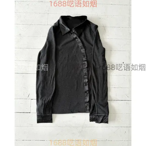 Black Long Sleeve Shirt with Satin Collar and Button Detail
