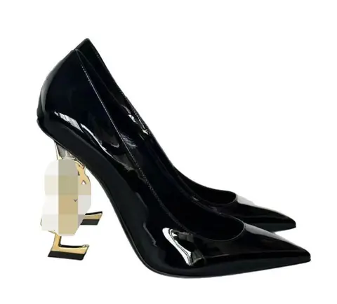 Black Patent Leather Pointed Toe Pumps with Gold Heel