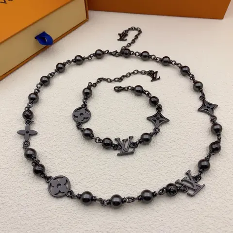 Louis Vuitton Black Monogram Beaded Necklace and Bracelet Set