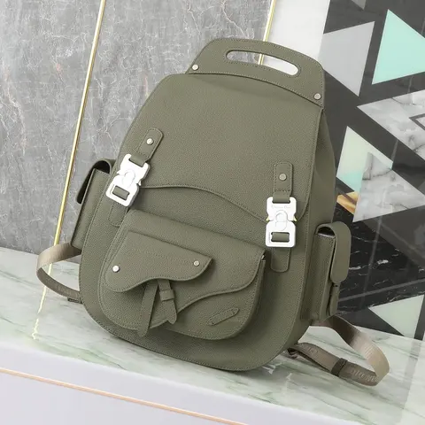 Olive Green Leather Backpack with Silver Buckles