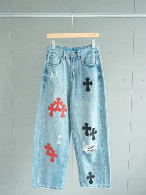Light Blue Denim Jeans with Red and Black Cross Patches
