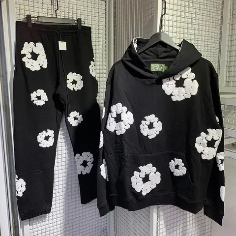 Black Floral Pattern Hoodie and Jogger Set