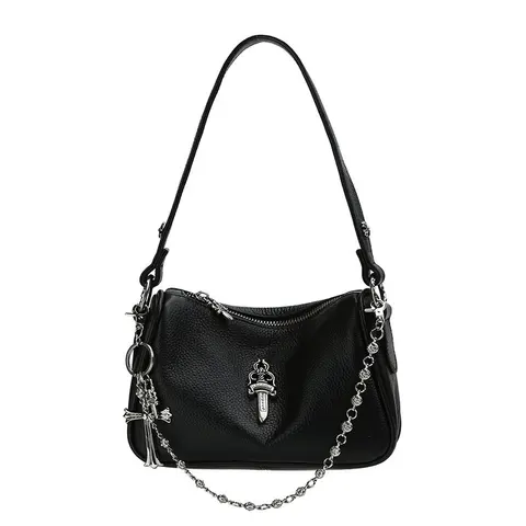 Black Leather Shoulder Bag with Silver Chain and Cross Charm
