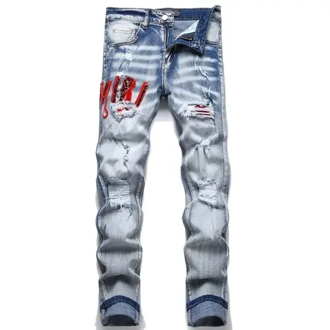 Ripped Distressed Jeans with Red Lettering