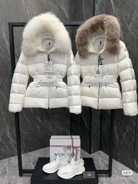 Moncler White Down Jackets with Fur Hood and Matching Sneakers