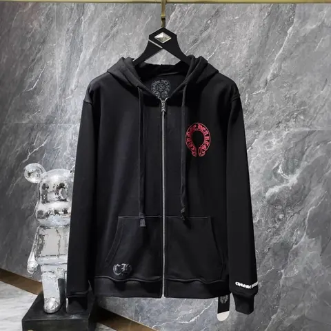 Chrome Hearts Black Zip-Up Hoodie with Red Logo