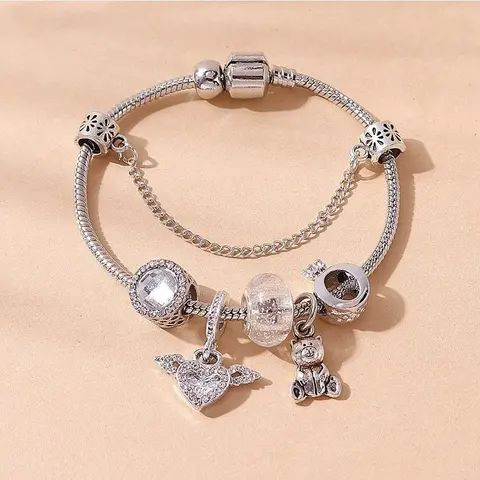 Silver Charm Bracelet with Heart and Bear Pendants