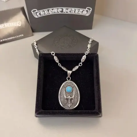 Chrome Hearts Silver Eagle Pendant Necklace with Turquoise Stone