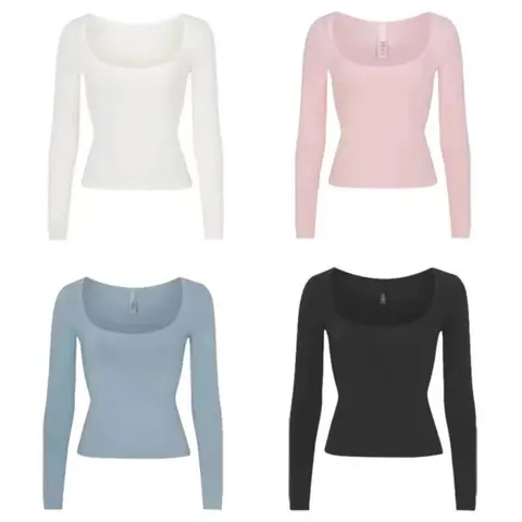 Long Sleeve Scoop Neck Crop Tops - 4 Pack