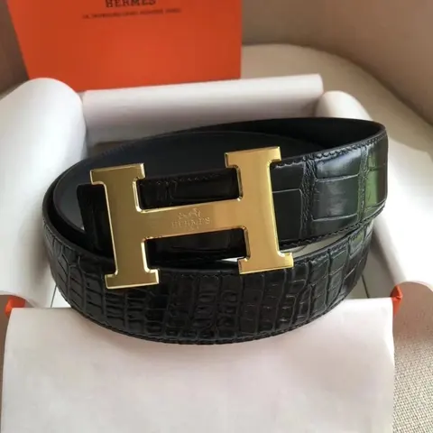 Hermès Black Crocodile Leather Belt with Gold H Buckle