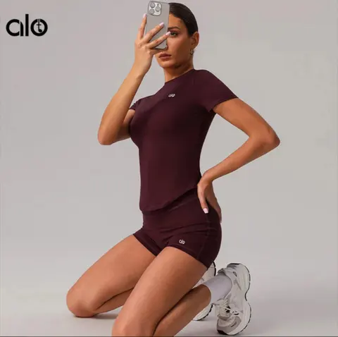 alo Yoga Activewear Set - Burgundy Short Sleeve Top and Shorts