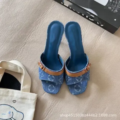 Denim Print Heeled Slides with Brown Strap