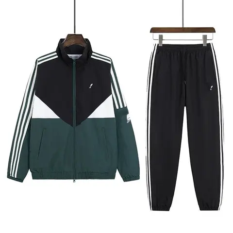 Men's Track Suit Set with Color-Blocked Jacket and Striped Pants