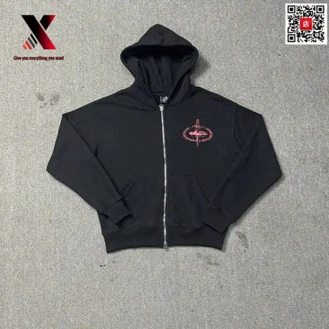 Black Zip-Up Hoodie with Pink Logo