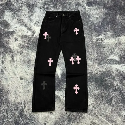 Black Jeans with Pink and Gray Cross Patches