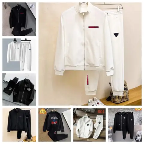 Prada-Style Tracksuit Set - White and Black Zip-Up Jacket with Matching Pants