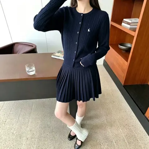 Polo Ralph Lauren Navy Ribbed Cardigan with Pleated Skirt Set