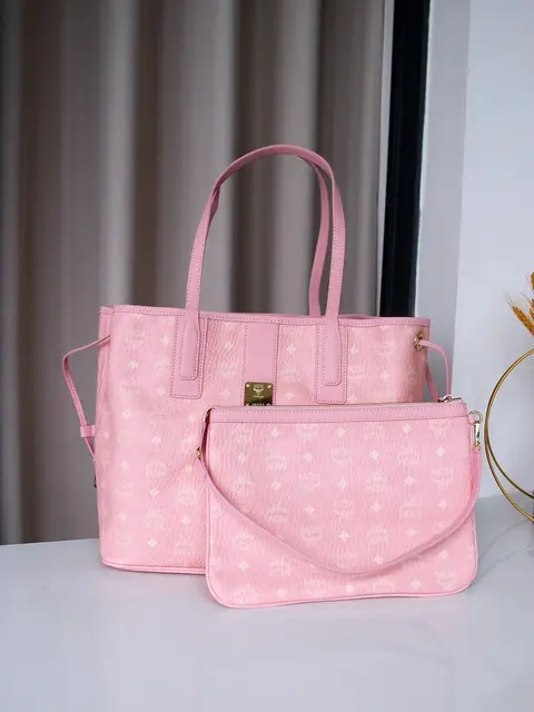 MCM Pink Monogram Tote Bag with Matching Pouch