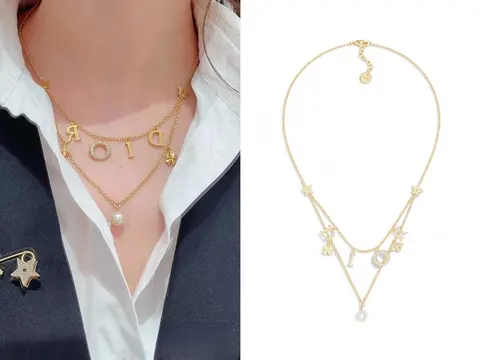 Dior Gold Multi-Layer Necklace with Pearl and Letter Charms