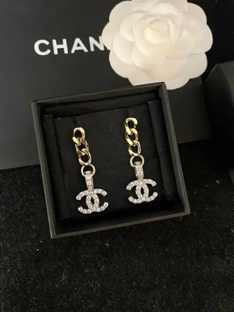 Chanel Crystal Logo Chain Earrings