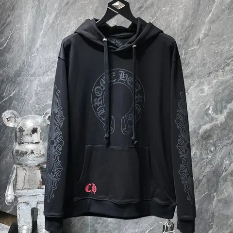 Champion x C.H. Black Hoodie with Embroidered Logo and Sleeve Details