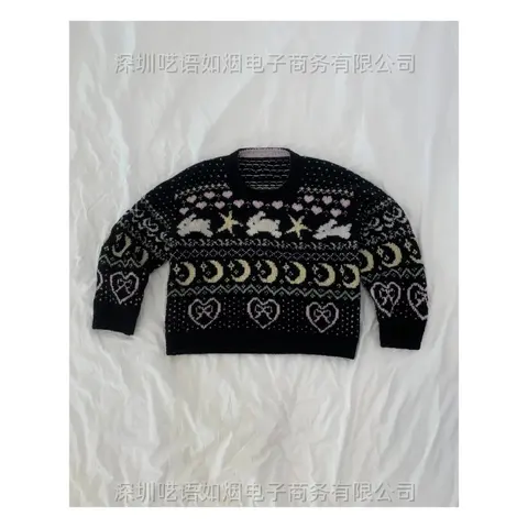 Black Knit Sweater with Moon, Star, and Heart Pattern