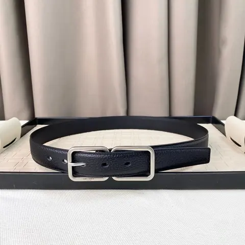 Saint Laurent Paris Black Leather Belt with Silver Buckle