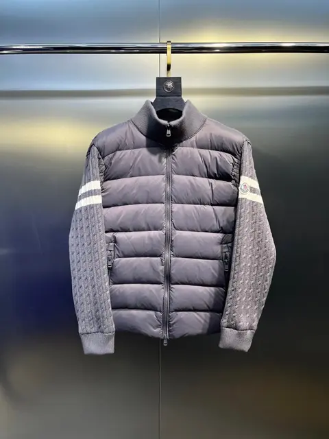 Moncler Grey Quilted Down Jacket with Knit Sleeves
