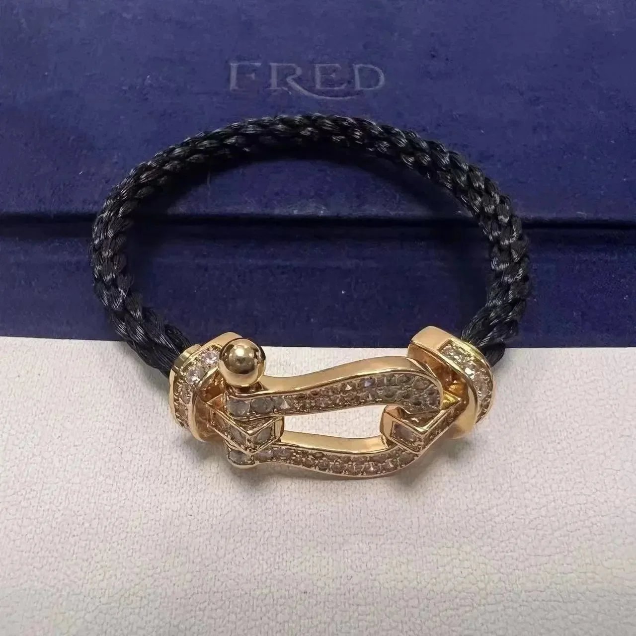 TOP Quality 黑尼龙绳满钻玫瑰金马蹄扣