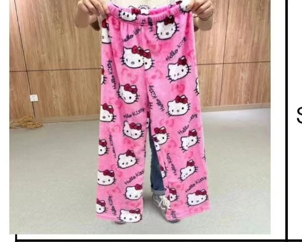 法兰绒粉色猫咪长裤