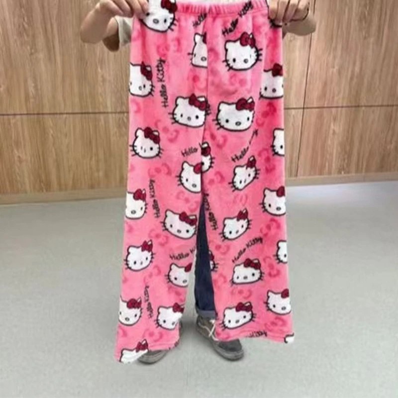 法兰绒玫红色猫咪长裤
