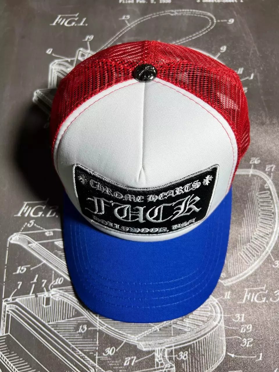 CH “fuck” blue & red trucker